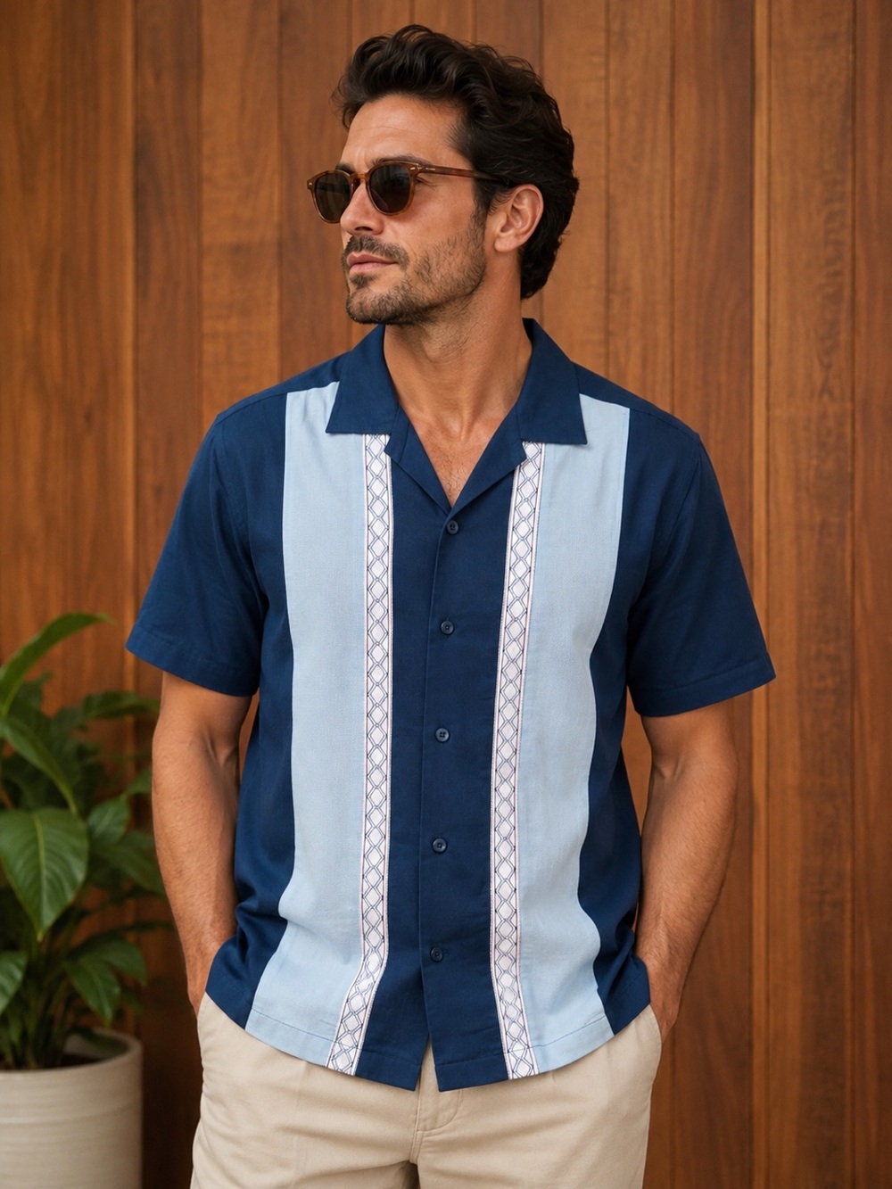 MAKE OFFER! Cubavera Navy and Light Blue Short Sleeve Button-Down Cuban Shirt SM